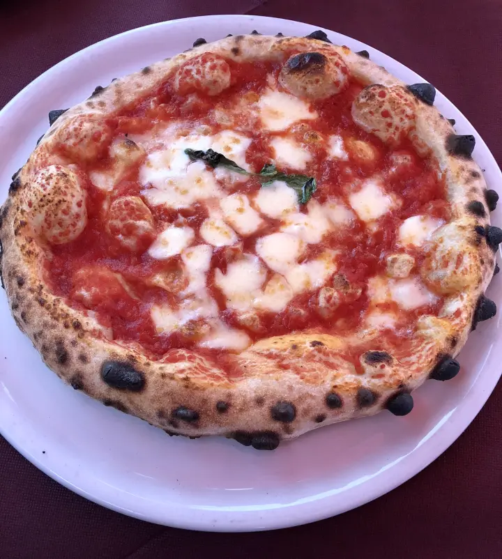 A round pizza with tomato, mozzarella and basil, seen from above
